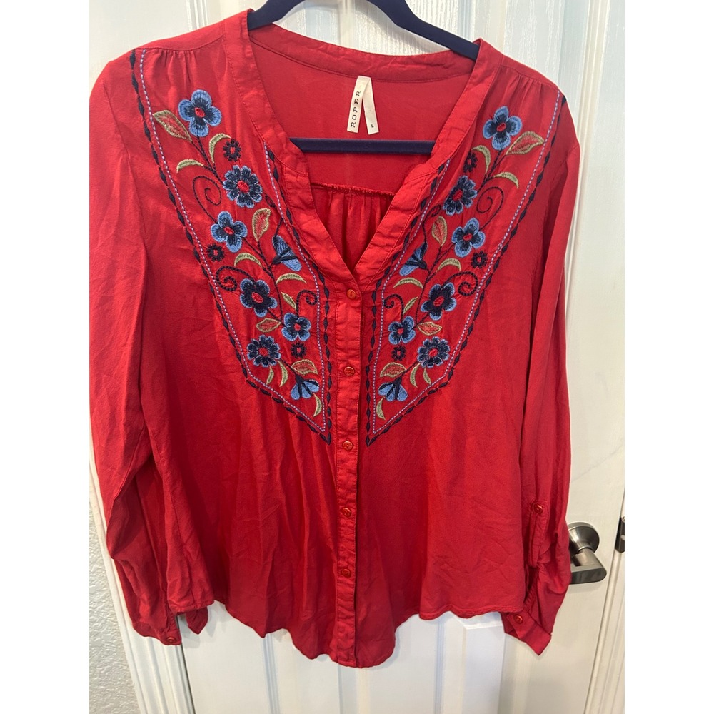 Roper Blouse Red Floral Embroidered Long Sleeve Button Front Western Top